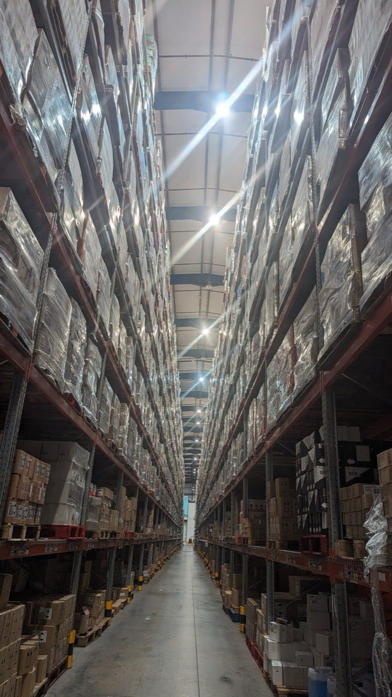 High-bay racking of wrapped pallets in the warehouse