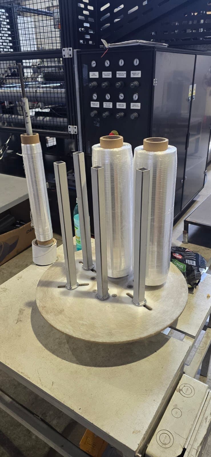 Rolls of solid clear pre-stretched Hypersconic film on the wrapper