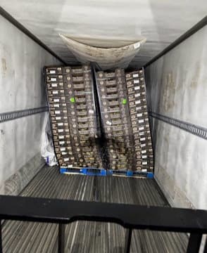 Two pallets that have shifted and slumped inward inside a refrigerated trailer in transit