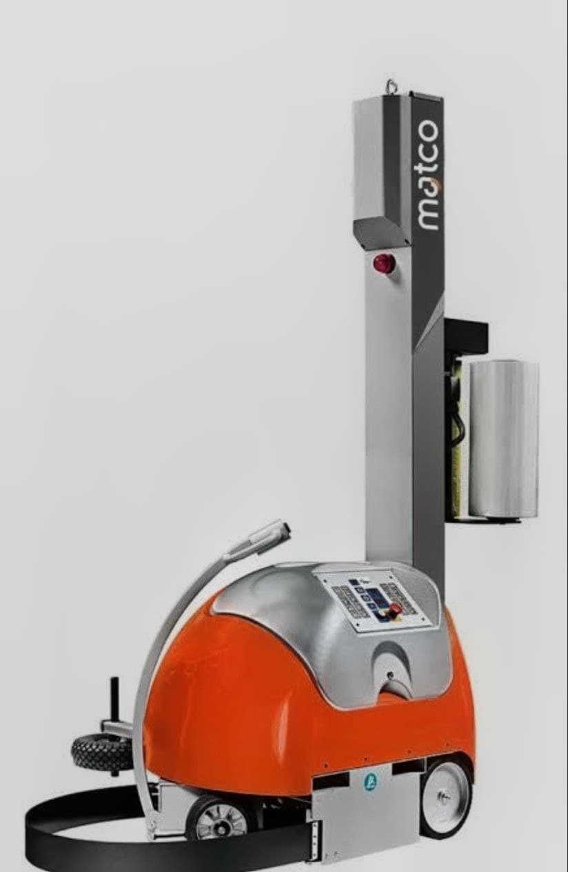 The Matco robot pallet wrapper: a self-propelled unit that drives around the pallet, with the film roll carried on its mast